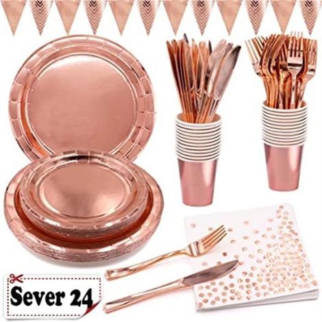 24 pièces vaisselle jetable, rose et or, kit anniversaire complet avec assiettes, gobelets, couverts et décoration