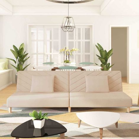 Schlafsofa 2-Sitzer mit 2 Kissen Creme Stoff (1/5)