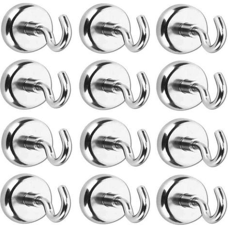 Pack of 12 magnetic hooks, 16mm – A3 steel and neodymium – 5.5 kg pulling force – Nickel-plated finish for metal surfaces (1/5)