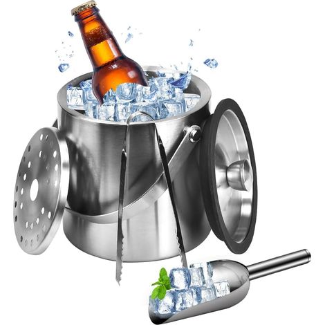 Cubitera de 1,6 L con tapa de acero inoxidable, cubitera para champán, cubitera, cubitera isotérmica, cubitera para botellas, cubitera de acero inoxidable, cubitera isotérmica con 1 clip y 1 filtro. (1/5)