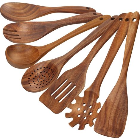 Cuillères en bois de teck pour la cuisine, ensemble de 7 ustensiles de cuisine comprenant une spatule et une louche, résistants à la chaleur et adaptés aux poêles antiadhésives.