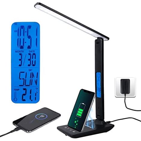 Lampe de bureau LED avec chargeur sans fil 10W, 3 Modes/ 5 Niveaux de luminosité/Réveil/Température et Calendrier/Support Téléphone, Lampe de Bureau LED Tactile Protection des Yeux (Noir)