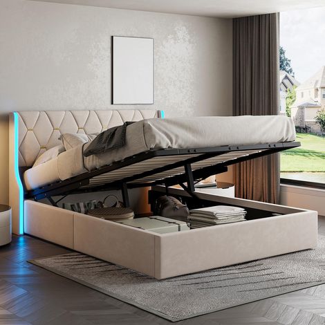 Letto contenitore 160x200 cm con LED RGB - Letto matrimoniale imbottito con vano contenitore idraulico - Design moderno salvaspazio - Velluto - Beige