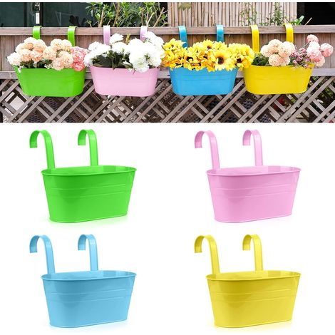 (4 PCS) (Grand)Pots de Fleurs Pots de Fleurs à Suspendre en Fer en Métal Pots de Jardin Jardinières de Balcon Seau en Métal Porte-Fleurs à Suspendre Décor Pot- Crochet Amovible