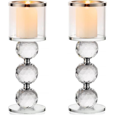 Support pour Bougies Piliers en Cristal, 2 Chandelier Bougeoir en Verre Transparent, Moderne Candélabre Photophore pour Table Deco Salon Noel Maison Cadeaux de Mariage, Argenté (1/5)