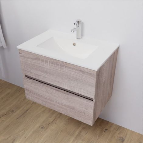 Meuble salle de bain suspendu 70 cm ROSALY- Bois- Plan vasque en Céramique — vue 3