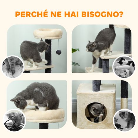 Arbre à chat 92 cm blanc crème avec niche, hamac, poteaux en sisal et balle suspendue. (1/5)
