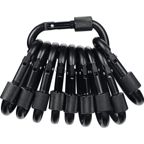 Lot de 10 mousquetons en aluminium verrouillables avec boucle de porte pour le camping, la pêche, la randonnée et comme porte-clés - noir (1/5)