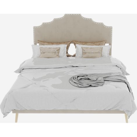Doppelbett 160 x 200 cm aus Beigem Stoff mit Geometrischem Kopfteil, ohne Matratze (1/5)