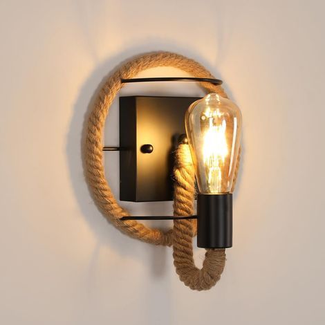 Applique murale vintage en corde de chanvre – Style industriel rétro – Douille E27– Pour loft, bar, chambre, couloir (1/5)