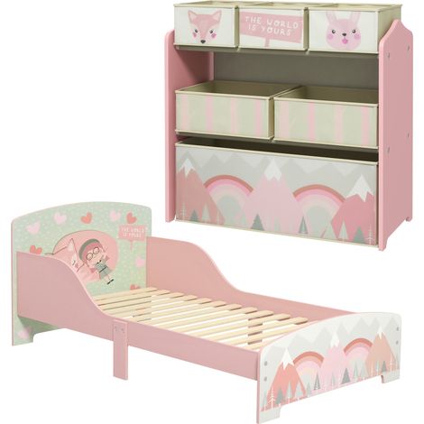 Conjunto para niños incluye 1 cama infantil de madera con barreras de protección y 1 estantería para juguetes con 6 cajas de tela extraíbles rosa (1/5)