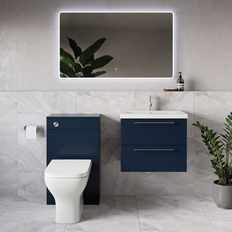 Napoli 390 Deep Blue 1100mm Wall Mounted 2 Drawer Vanity Unit and Toilet Suite with Glide Basin - 1100mm - Chrome 320mm HandleWith Kingston Toilet Pan and Seat
