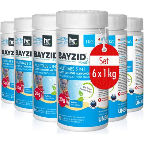 Höfer Chemie 6 x 1 kg Bayzid® Pastilles de Chlore pour Piscine(20g), Chlore Multifonction 5 en 1, Entretien Complet en 5 Phases, Fabriqué en Europe