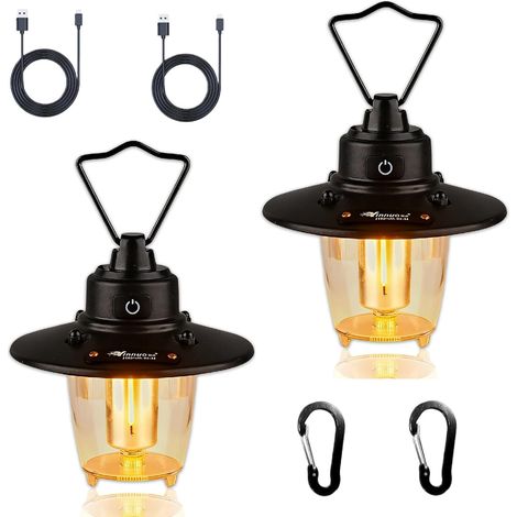 2-Pack LED Rechargeable Camping Lantern, Portable Rechargeable Camping Lantern with Hook, Retro Lantern, 3 Lighting Modes, Dimmable, 2800 mAh, IP65 Waterproof, Tent Light
