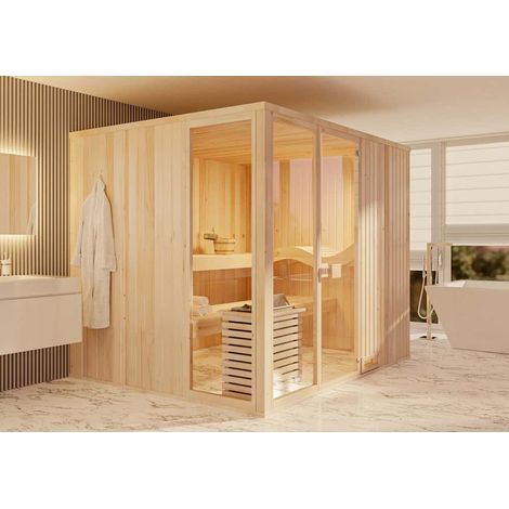 Sauna intérieur FinnTherm Ergonomique Panorama Naturel , 72 mm Épaisseur de paroi 244 x 194 cm
