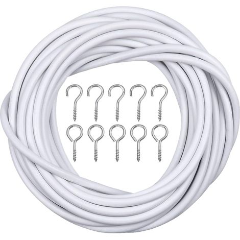 10m Blanc Cable Rideaux, Fil de Rideau Corde Suspendue, Câbles de Rideau avec 20 Paires Crochets et Yeux œillets pour Tringles à Rideaux et Suspension de Photos (1/5)