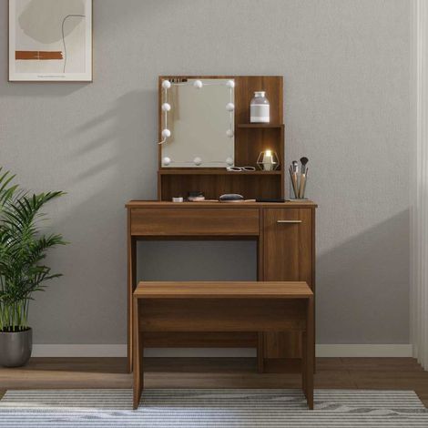 vidaXL Juego de tocador con LED madera contrachapada roble marrón (1/5)