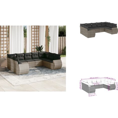 9-tlg. Garten-Sofagarnitur mit Kissen Grau Poly Rattan - Gartenmöbel - Outdoor Möbel - Lounge Set - Rattan Gartenset - Esstischgarnitur (1/3)