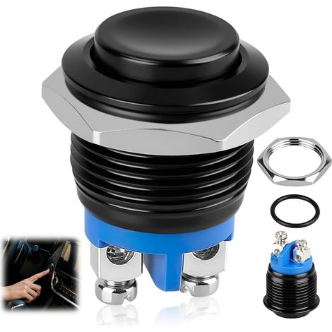 Bouton Poussoir Momentané, 16mm 220V Interrupteur Poussoir en Métal Commande Auto Réinitialisation Poussoir Étanche, IP20 Antirouille pour Voiture Moto Bateau Atelier Automobile Noir (1/5)