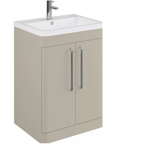 Balterley Calwich Contemporary Bathroom Floor Standing Vanity Basin Unit with 2 Doors & 1 Tap Hole Polymarble Basin, Pebble Grey, 600mm