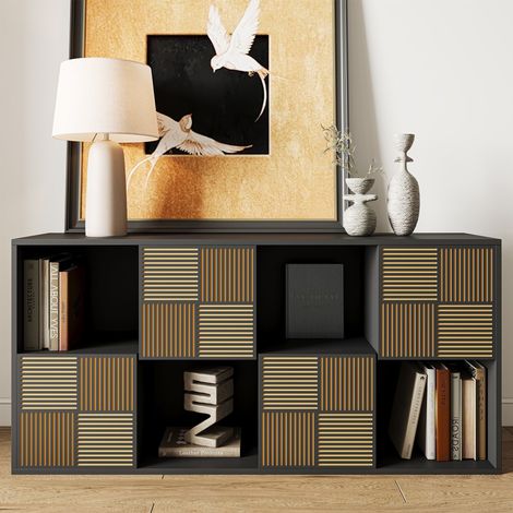 Modulares Bücherregal im skandinavischen Stil, Holzregal mit 8 Fächern und 4 geschnitzten Türen, Würfelregal mit geschlossener Rückwand, 60x30x125 cm - Schwarz