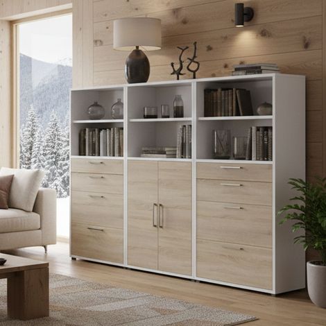 Dmora - Kommode Vinovo, Wohnzimmerbuffet, Wohnzimmer-Sideboard, Moderne Küchen-Speisekammer, 267x40 h186 cm, Weiß und Eiche (1/3)