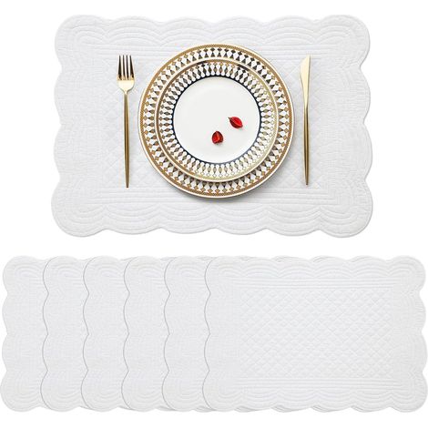 Lot de 6 sets de table matelassés, 100 % coton, style ferme, réversible, rectangulaire avec bords festonnés, pour cuisine, dîner, fête, vacances, blanc, 33 x 45,7 cm, lavables en machine'Parent'Blanc' (1/5)