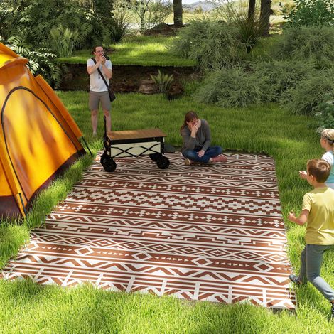 Tapis extérieur réversible 1,8 x 2,7 m, moquette sol motif géométrique mural en PP, avec housse de transport rouge et blanc (1/5)