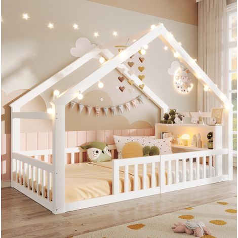 MODFU – Lit cabane enfant 90x190 cm pin, MDF et contreplaqué – LED, barrières de sécurité et étagères – Charge 120 kg, 2 colis – Chambre – Blanc (1/5)