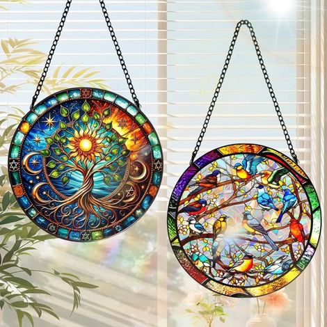 piezas Attrape-Soleil en Vitrail à Suspendre, 20cm Attrape-Soleil Vitrail Arbre de Vie, Attrape-Soleil Colibri, Attrape-Soleil en Acrylique avec Chaîne à Suspendre pour Fenêtre, Terrasse, Mur, Jardin