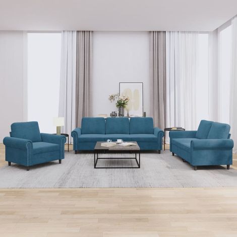 3-tlg. Sofagarnitur mit Kissen Blau Samt (1/5)