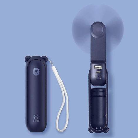 Ventilateur portable 3 en 1 avec batterie externe et lampe torche intégrée, idéal pour les voyages et les activités de plein air - Bleu foncé (1/4)