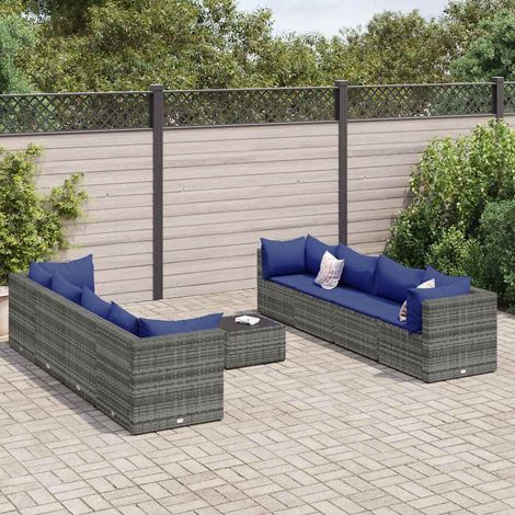 9-tlg. Garten-Lounge-Set mit Kissen Grau Poly Rattan (1/5)