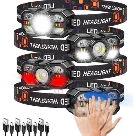 Lot de 4 lampes frontales LED rechargeables avec détecteur de mouvement, 5 modes d'éclairage, mains libres, idéales pour le camping, la randonnée, la course à pied, le vélo, la pêche et les situations (1/5)