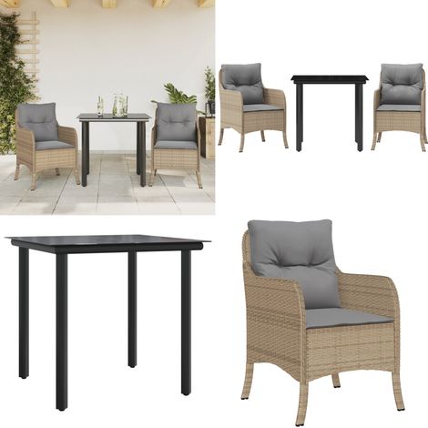 3-tlg. Garten-Essgruppe mit Kissen Beige Poly Rattan - Gartentisch - Gartenstuhl (1/5)