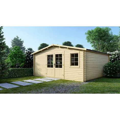 Altanka – Abri de jardin bois 25m² – Dimensions 5x5m – Épaisseur 28mm – Toit à deux pentes – Double porte vitrée – 2 fenêtres ouvrables (1/8)