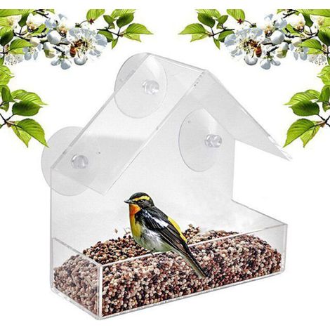Fenstermontierter Vogelfutterspender, wasserdichtes Acryl, hausförmig mit 4 Saugnäpfen (transparent) (1/4)