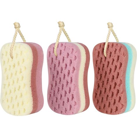 3 Pack d'éponge de bain pour femmes, hommes et enfants, éponge de bain en loofah, 3 couleurs et grande éponge de bain Accessoires de bain (Large) (1/5)