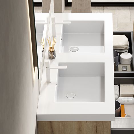 Vasque double GREA 120 cm blanc, lavabo mural sans meuble ni robinet, 2 bacs céramique, trous pour mitigeur et vidage non fournis (1/3)