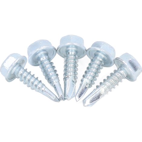 Vis à bois autoforeuse hexagonale extérieure, 250 pièces, M4.8 x 19 mm, acier carbone zingué blanc, lot de 250 unités par commande, visserie perceuse à tête hexagonale. (1/5)