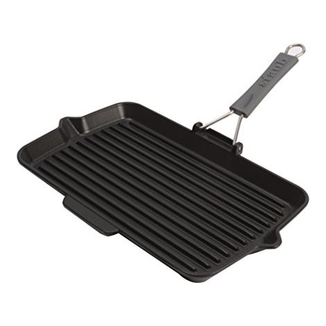 STAUB 1003960 Bistecchiera Rettangolare in Ghisa con Manico Pieghevole in Silicone Compatibile Induzione 34x21 cm colore Nero (1/4)
