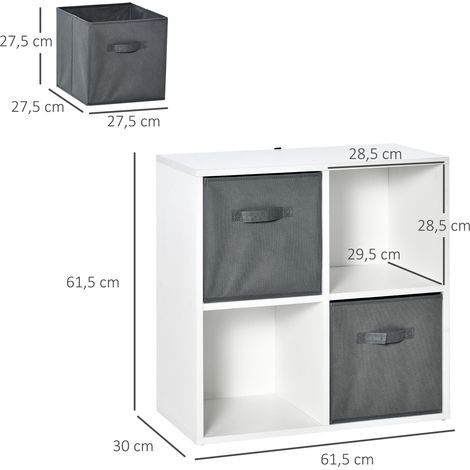 HOMCOM 4-Würfel-Bücherregal, modulares Bücherregal mit 2 herausnehmbaren Schubladen aus Vliesstoff für Büro, Arbeitszimmer, Schlafzimmer, 61,5 x 30 x 61,5 cm, Weiß und Grau