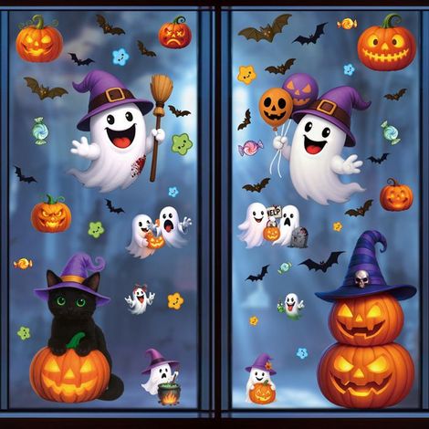 Autocollants citrouille d'Halloween, décorations de fête, lanternes citrouille en bonbons, autocollants statiques, autocollan(L039) (1/5)