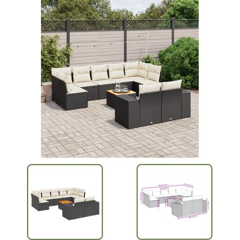 The Living Store Salon de jardin 10 pcs avec coussins noir résine tressée - Ensemble Salon De Jardin - Meuble Extérieur - Jardin Design - Mobilier De Jardin - Chaise Lounge