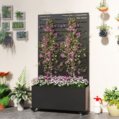 Jardinière avec treillis bac fleurs métal brise-vue roues 90x30x160 cm noir. Jardinière mobile avec treillis pour vos plantes grimpantes, pratique et résistante. (1/5)
