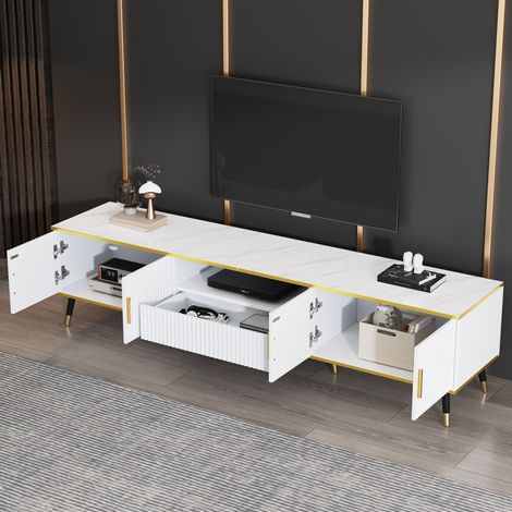 Mueble TV 200 x 40 x 46 cm en blanco con efecto mármol, 2 puertas, 1 cajón HAVRYA (1/5)