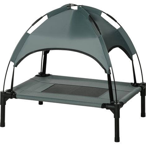 PawHut Erhöhtes Hunde-/Katzenbett mit Sonnenschutz, atmungsaktives, UV-beständiges Oxford-Sofa, Metallrahmen, inklusive Tragetasche, Liegefläche im Freien 161 x 46 x 61 cm, Grau/Schwarz