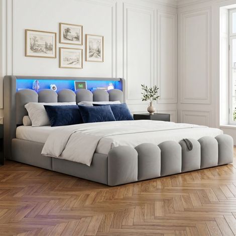 Lit coffre - 180x200 velours gris - Tête de lit rangement - Ports USB/Type-C - LED multicolore (1/5)