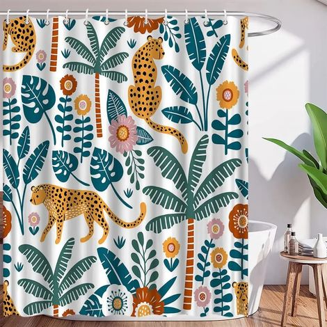 Rideau de douche bohème guépard, rideau de bain léopard tropical, rideau de salle de bain rose moderne à motif floral bleu et phases de lune, 240 x 180 cm - 94 x 70 pouces