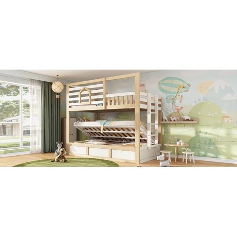 Kinder-Etagenbett 90x200 cm Weiß/Eiche, mit hydraulischem Stauraum, ohne Matratzen – MEUBLIV (1/5)